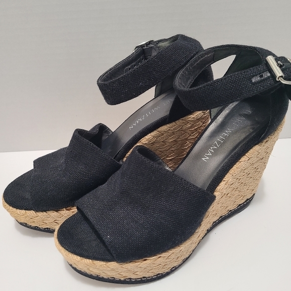 Stuart Weiztman Canvas Wedge Espadrille Sandal Black 7.5 - Picture 7 of 7